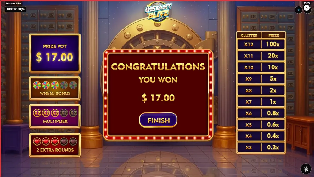 Tampilan visual slot Instant Blitz dengan tema brankas neon dan simbol futuristik.
