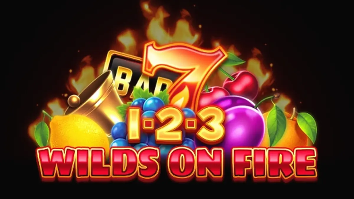 Tampilan visual slot 1-2-3 Wilds on Fire dengan tema buah klasik dan elemen api