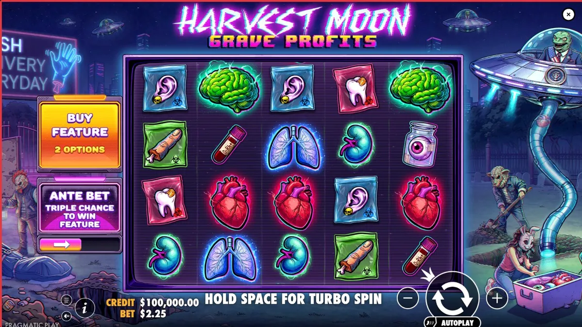 Tampilan visual slot Harvest Moon Grave Profits dengan tema horor sci-fi